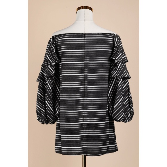Sz M Scripted Black & White Striped Tiered Off The Shoulder Mini Dress NWOT - Picture 2 of 3